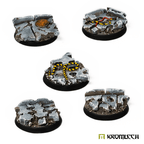Five painted Kromlech KRRB050 32mm round bases with broken concrete, drain cover and hazard-stripe cables