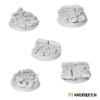 Five Kromlech KRRB050 32mm concrete slab bases in unpainted grey resin with cracked slabs and debris detail
