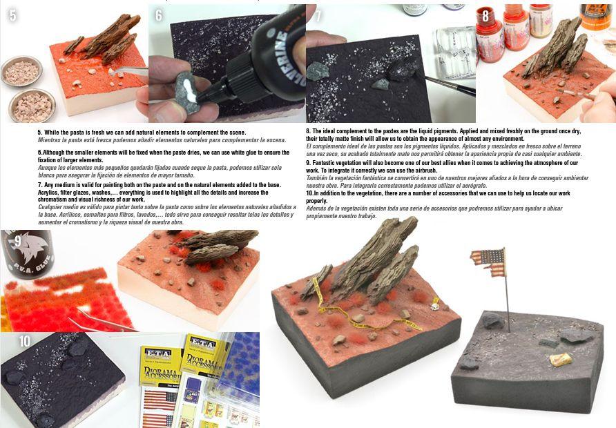 Page two of AK's HowTo guide, showing terrain bases built with the pastes and finished with pigments