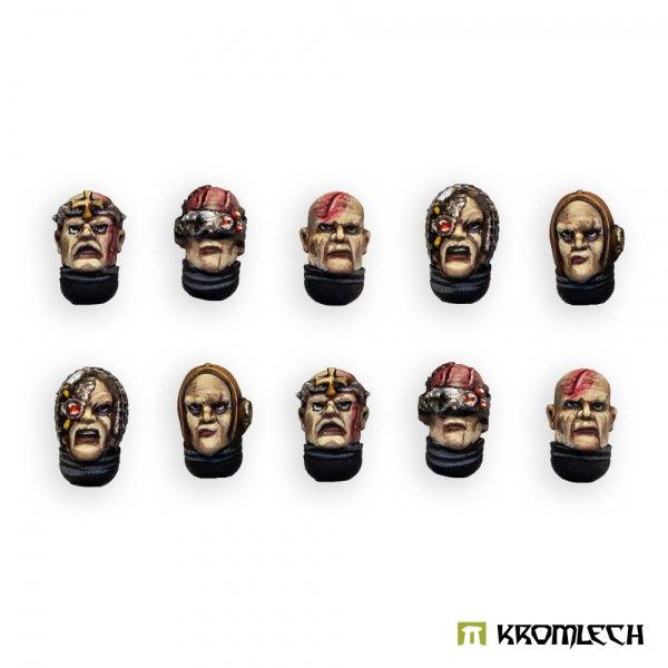 The ten painted heads again from a lower angle, five patterns twice over, cheeks scarred and skulls banded in metal