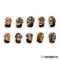 Ten painted Kromlech Imperial Crusaders heads in two rows of five, shaved and scarred, several in mesh coifs and brow bands