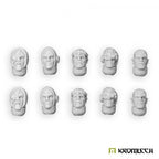 The same ten heads unpainted in pale grey resin, two rows of five showing each of the five patterns cast twice