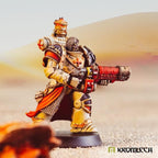 A finished crusader miniature built with one of these heads, on a round base in a desert setting