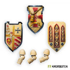 Three painted Imperial Crusaders thunder shields, each face a different heraldry, above the three left arms that hold them