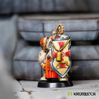 A painted crusader behind the scroll-and-cross shield on its left arm, standing on a round base before steel steps