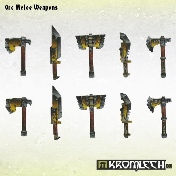 Older photo of the ten painted Orc Melee Weapons