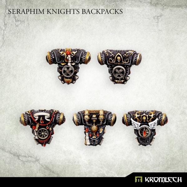 Five painted Kromlech Seraphim Knights resin backpacks with winged and skull panels, gold trim and blood drops