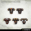 Five painted Kromlech Seraphim Knights resin backpacks with winged and skull panels, gold trim and blood drops