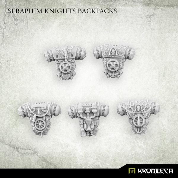 Five unpainted Seraphim Knights backpacks in pale resin, seen face on with their vent and filigree detail