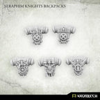 Five unpainted Seraphim Knights backpacks in pale resin, seen face on with their vent and filigree detail