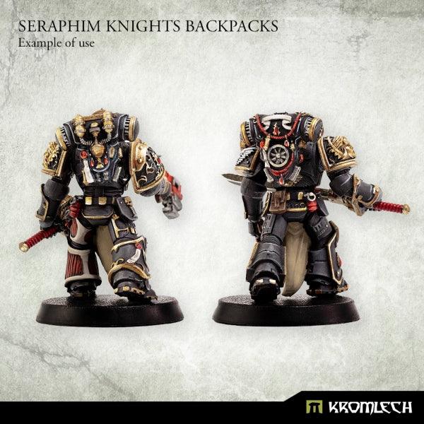 Two painted legionaries seen from behind wearing Seraphim Knights backpacks, on round bases