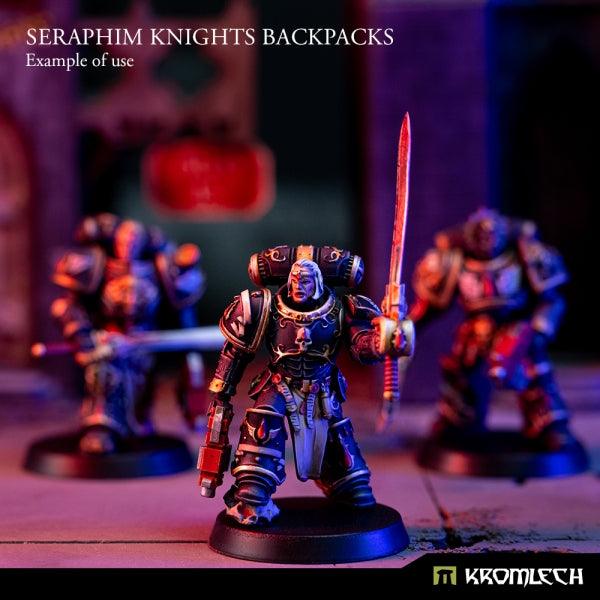A painted legionary with a Seraphim Knights backpack photographed on a gaming board under red light
