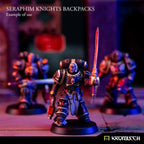 A painted legionary with a Seraphim Knights backpack photographed on a gaming board under red light