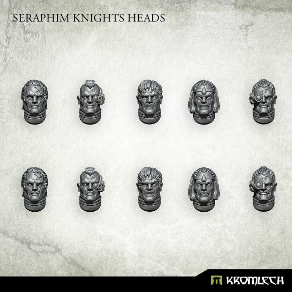 The same ten Seraphim Knights heads unpainted in dark grey, five sculpts cast twice, each with a ribbed neck collar