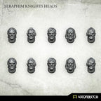 The same ten Seraphim Knights heads unpainted in dark grey, five sculpts cast twice, each with a ribbed neck collar