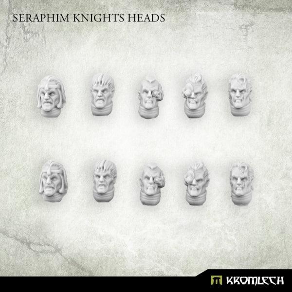 Ten unpainted Seraphim Knights heads in pale resin, angled to show the swept hair and the bionic eye pieces