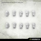 Ten unpainted Seraphim Knights heads in pale resin, angled to show the swept hair and the bionic eye pieces