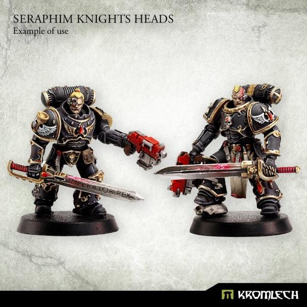 Two painted armoured legionaries built with Seraphim Knights heads, carrying chainswords, on round bases