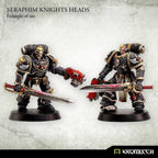 Two painted armoured legionaries built with Seraphim Knights heads, carrying chainswords, on round bases
