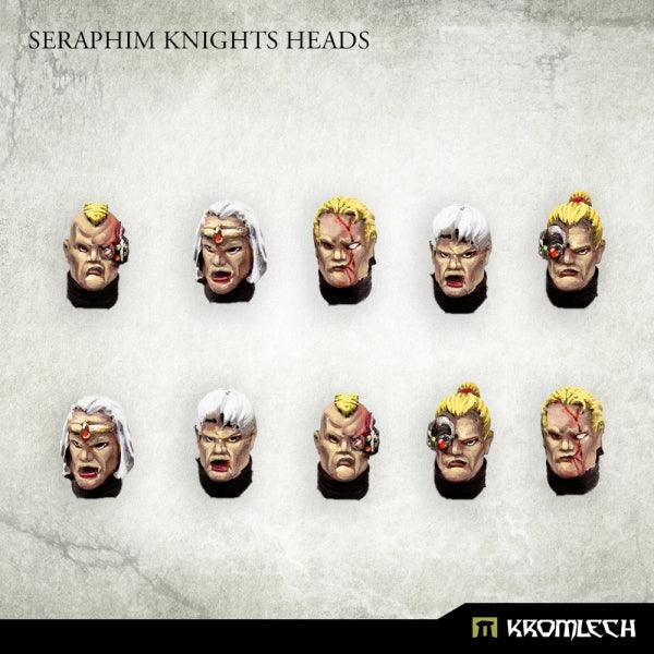 Ten painted Kromlech Seraphim Knights resin heads with pale skin and white or blond hair, in two rows of five