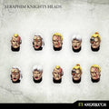 Ten painted Kromlech Seraphim Knights resin heads with pale skin and white or blond hair, in two rows of five